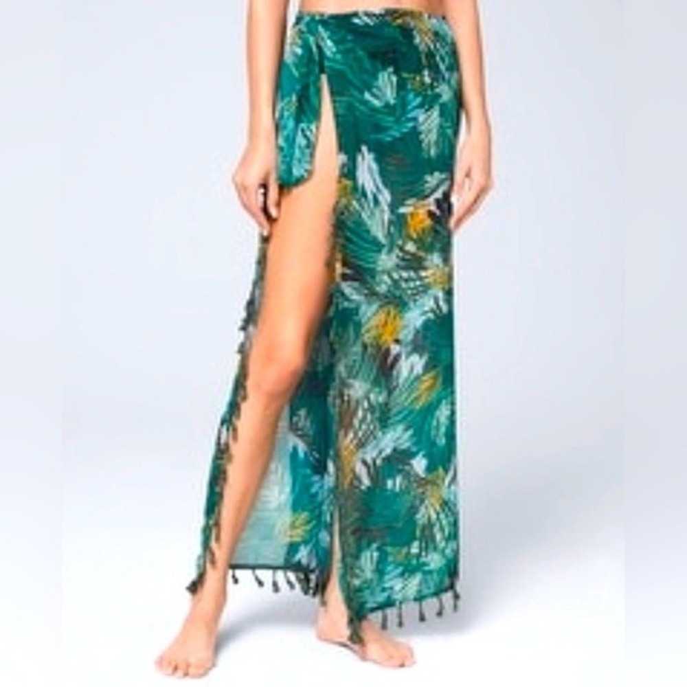 White House Black Market Pareo Sarong Swim Cover Up Tropical Tassel OS NWT